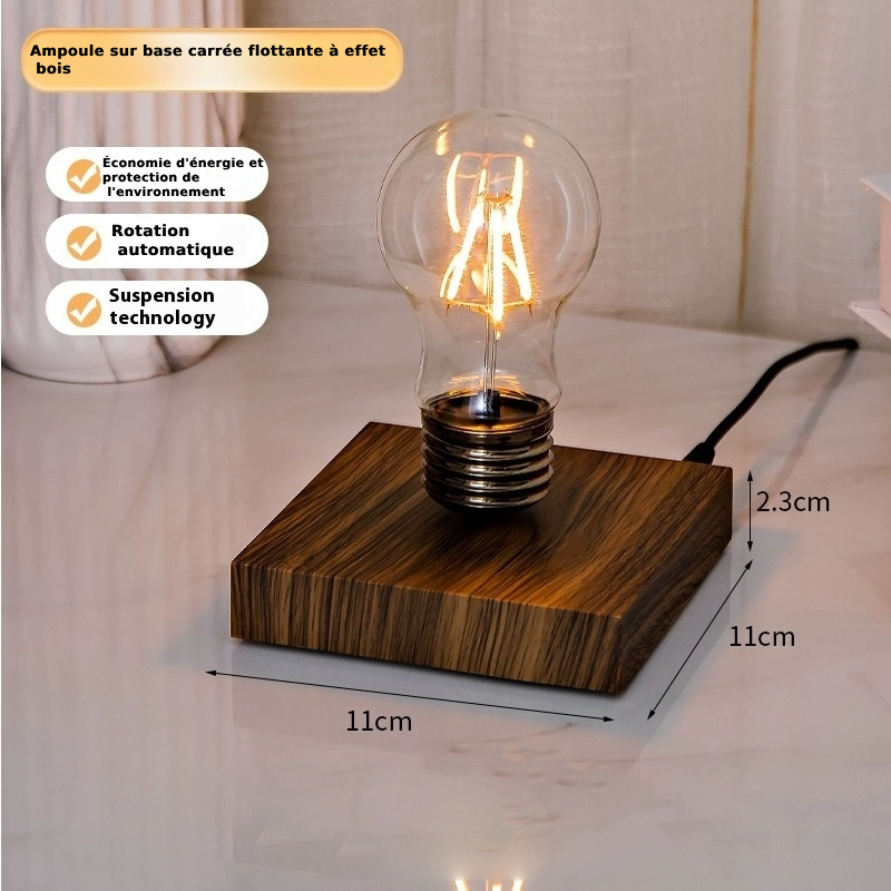Lampe de nuit créative avec ampoule suspendue, corps en art métallique et base en bois dans un décor de chambre moderne